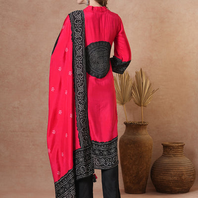 Solid Bandhani Printed Embroidered Straight Fit Kurta with Pant & Dupatta - Red