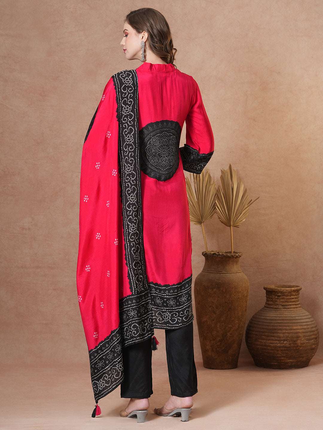 Solid Bandhani Printed Embroidered Straight Fit Kurta with Pant & Dupatta - Red