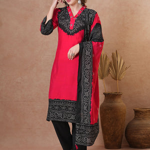 Solid Bandhani Printed Embroidered Straight Fit Kurta with Pant & Dupatta - Red