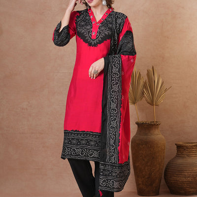 Solid Bandhani Printed Embroidered Straight Fit Kurta with Pant & Dupatta - Red