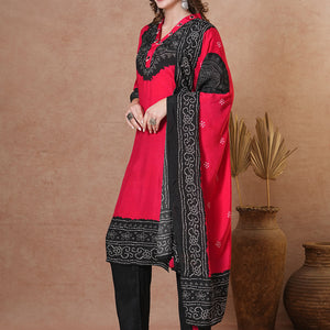 Solid Bandhani Printed Embroidered Straight Fit Kurta with Pant & Dupatta - Red