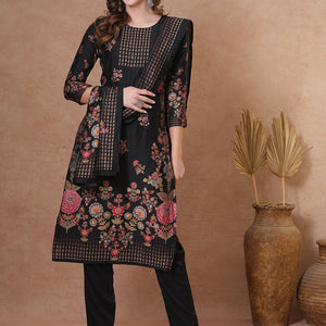 Ethnic Floral Printed & Hand Embroidered Straight Kurta with Pant & Dupatta - Black