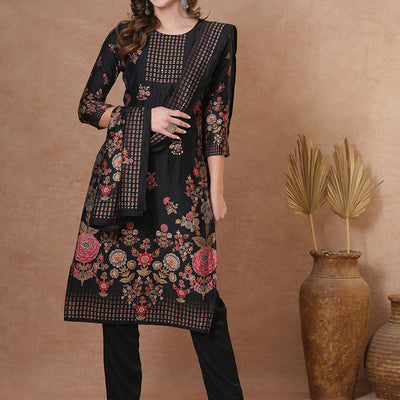 Ethnic Floral Printed & Hand Embroidered Straight Kurta with Pant & Dupatta - Black