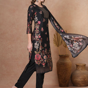 Ethnic Floral Printed & Hand Embroidered Straight Kurta with Pant & Dupatta - Black