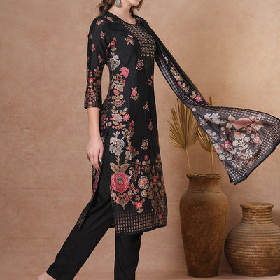 Ethnic Floral Printed & Hand Embroidered Straight Kurta with Pant & Dupatta - Black
