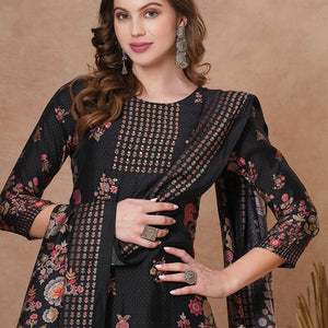 Ethnic Floral Printed & Hand Embroidered Straight Kurta with Pant & Dupatta - Black