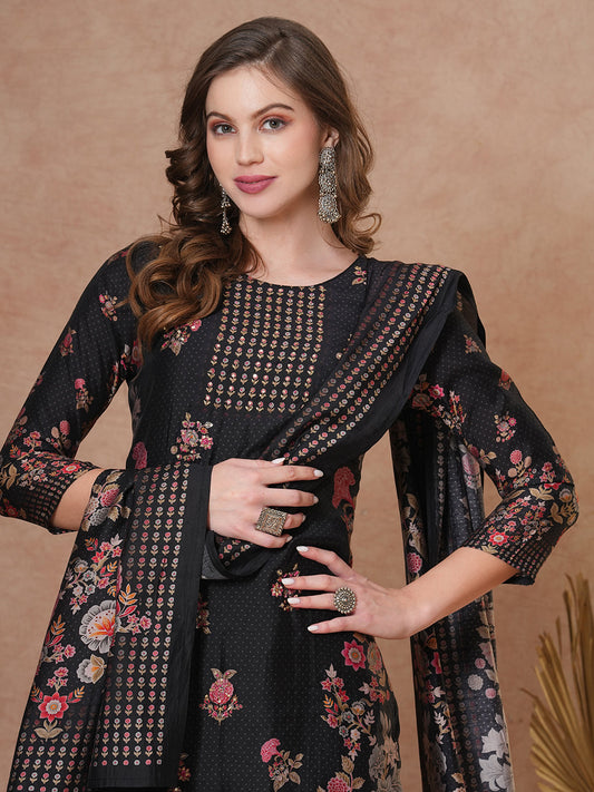 Ethnic Floral Printed & Hand Embroidered Straight Kurta with Pant & Dupatta - Black