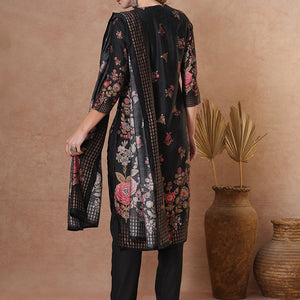 Ethnic Floral Printed & Hand Embroidered Straight Kurta with Pant & Dupatta - Black