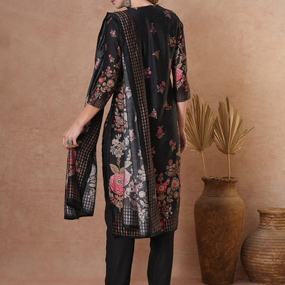 Ethnic Floral Printed & Hand Embroidered Straight Kurta with Pant & Dupatta - Black