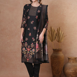 Ethnic Floral Printed & Hand Embroidered Straight Kurta with Pant & Dupatta - Black