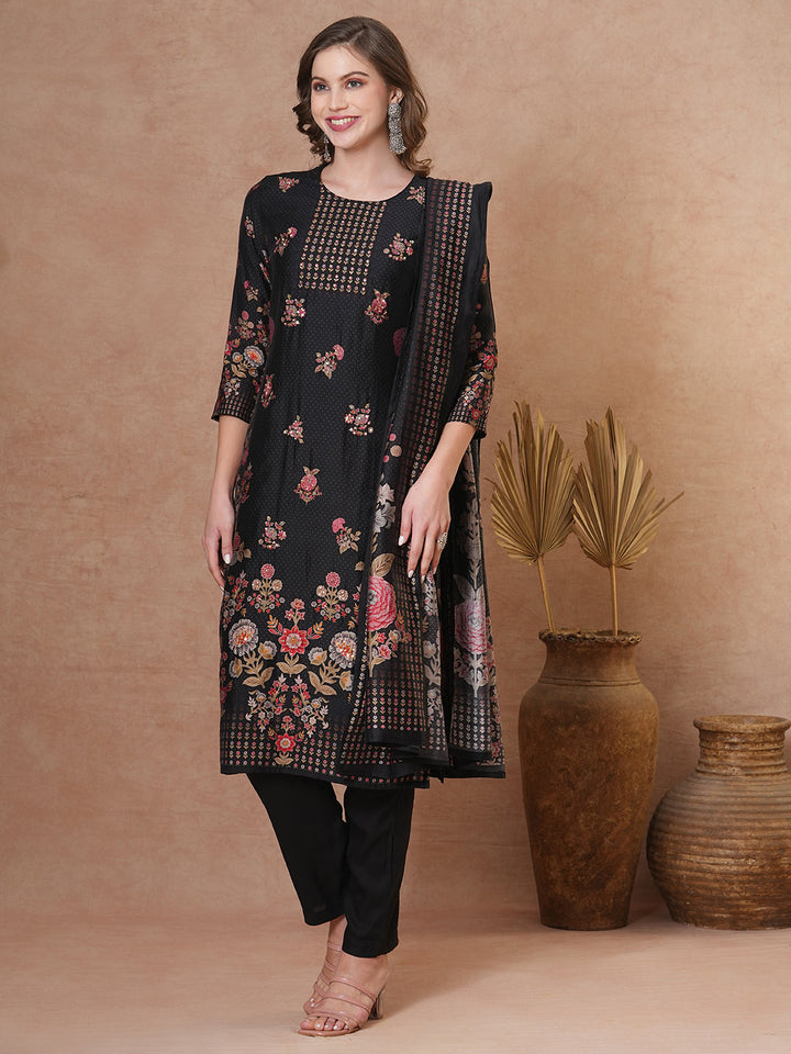 Ethnic Floral Printed & Hand Embroidered Straight Kurta with Pant & Dupatta - Black