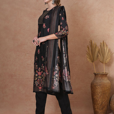 Ethnic Floral Printed & Hand Embroidered Straight Kurta with Pant & Dupatta - Black