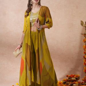 Abstract Printed Sequined Crop Top with Printed A-Line Jacket and Flared Palazzo - Green