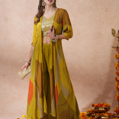 Abstract Printed Sequined Crop Top with Printed A-Line Jacket and Flared Palazzo - Green