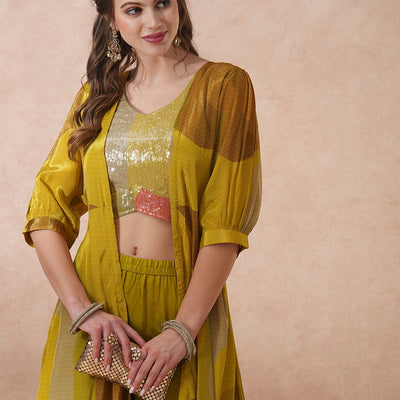 Abstract Printed Sequined Crop Top with Printed A-Line Jacket and Flared Palazzo - Green