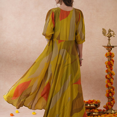 Abstract Printed Sequined Crop Top with Printed A-Line Jacket and Flared Palazzo - Green