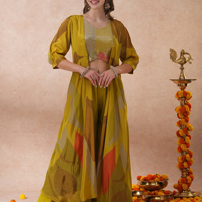 Abstract Printed Sequined Crop Top with Printed A-Line Jacket and Flared Palazzo - Green