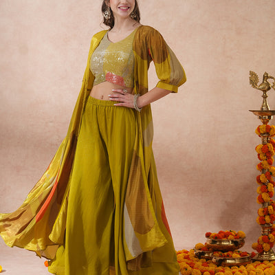 Abstract Printed Sequined Crop Top with Printed A-Line Jacket and Flared Palazzo - Green