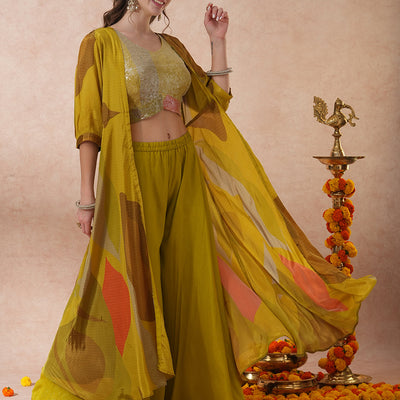 Abstract Printed Sequined Crop Top with Printed A-Line Jacket and Flared Palazzo - Green