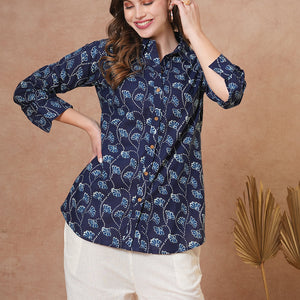Ethnic Floral Printed Straight Fit Shirt with Palazzo - Blue
