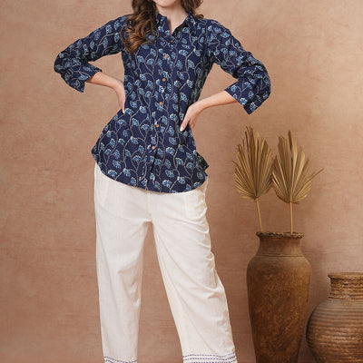 Ethnic Floral Printed Straight Fit Shirt with Palazzo - Blue
