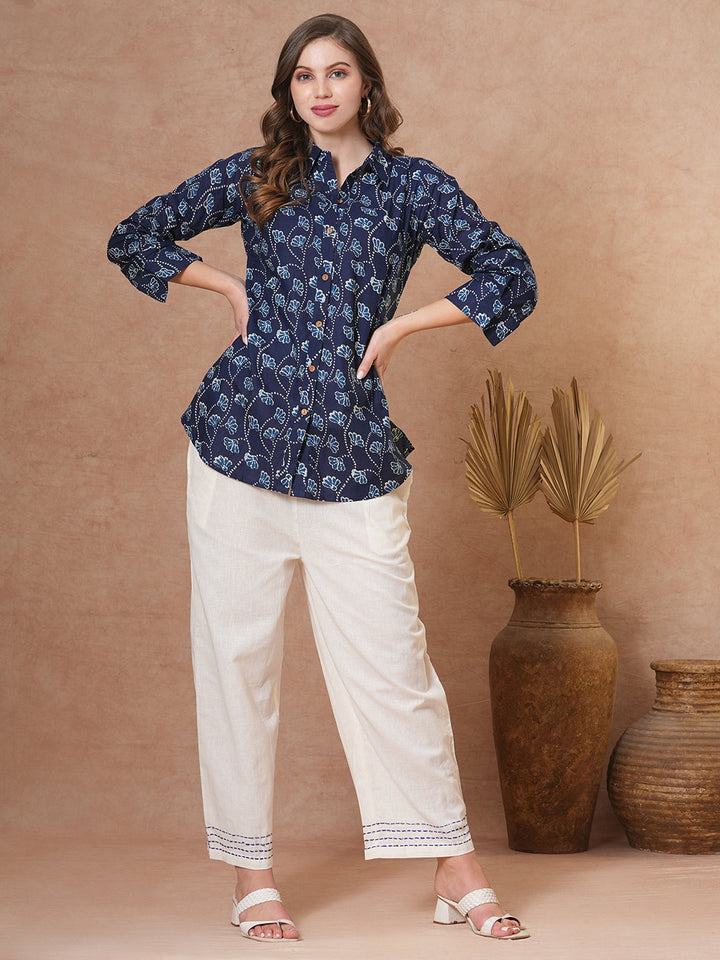 Ethnic Floral Printed Straight Fit Shirt with Palazzo - Blue