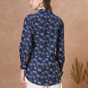 Ethnic Floral Printed Straight Fit Shirt with Palazzo - Blue