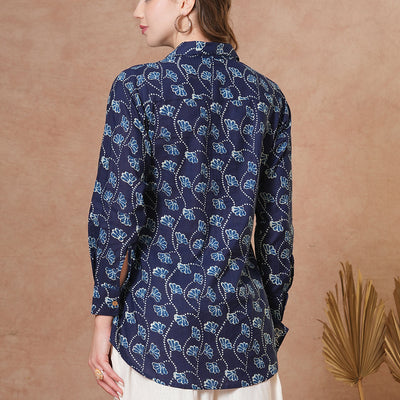 Ethnic Floral Printed Straight Fit Shirt with Palazzo - Blue