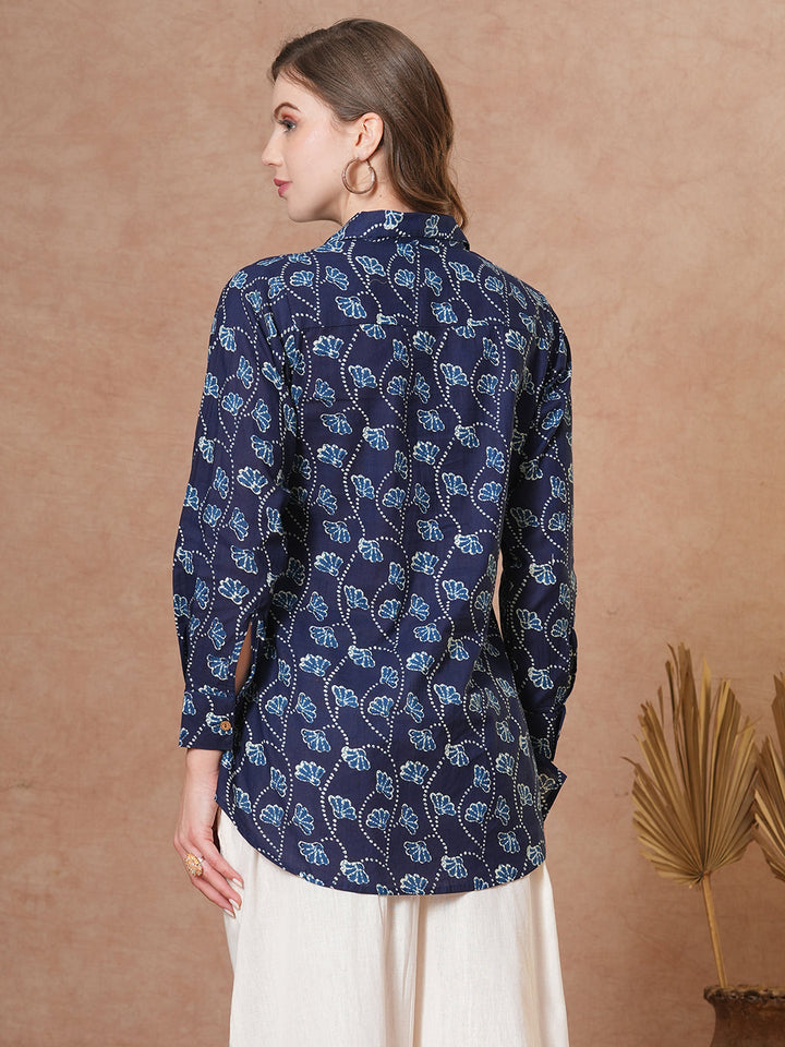 Ethnic Floral Printed Straight Fit Shirt with Palazzo - Blue