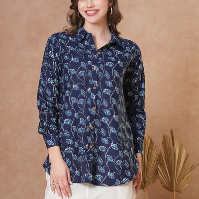 Ethnic Floral Printed Straight Fit Shirt with Palazzo - Blue