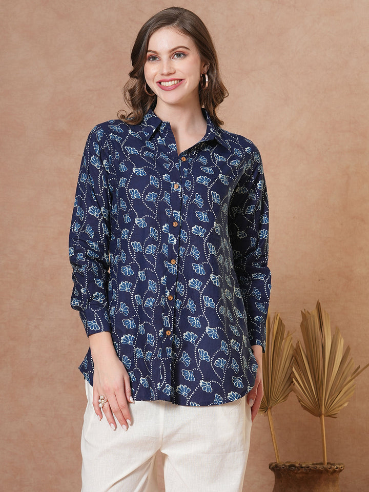 Ethnic Floral Printed Straight Fit Shirt with Palazzo - Blue