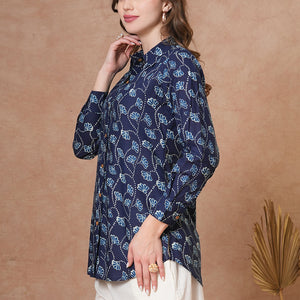 Ethnic Floral Printed Straight Fit Shirt with Palazzo - Blue