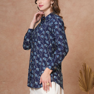 Ethnic Floral Printed Straight Fit Shirt with Palazzo - Blue