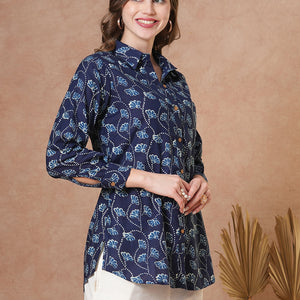 Ethnic Floral Printed Straight Fit Shirt with Palazzo - Blue