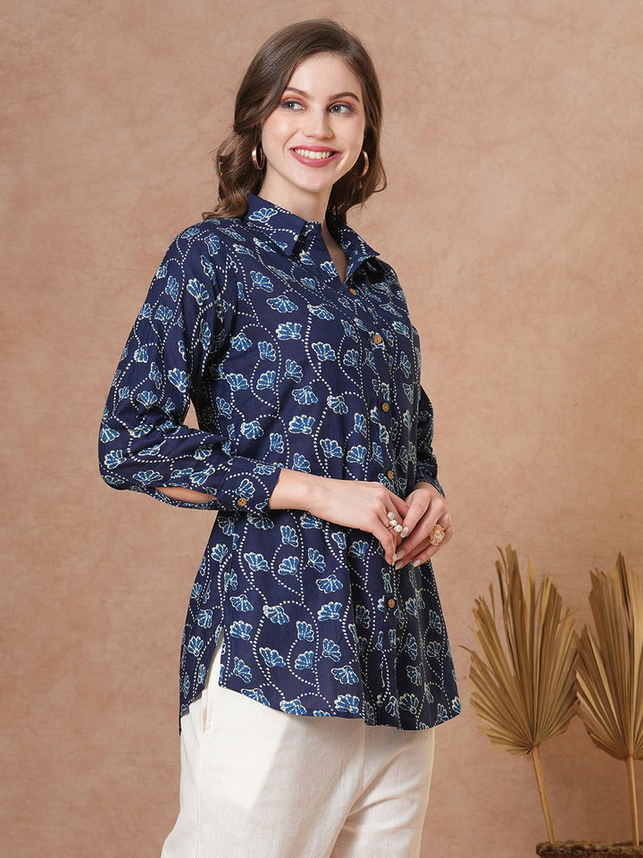 Ethnic Floral Printed Straight Fit Shirt with Palazzo - Blue