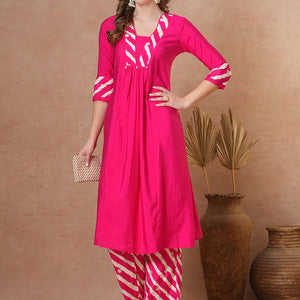 Solid Ethnic Leheriya & Printed A-Line Co-ord Set - Pink