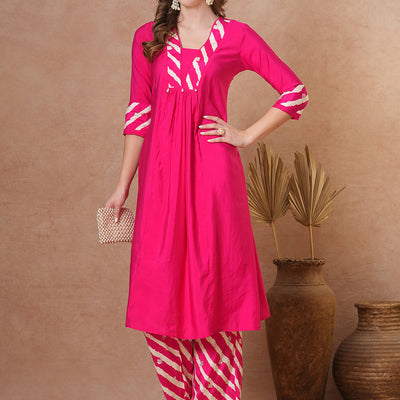 Solid Ethnic Leheriya & Printed A-Line Co-ord Set - Pink
