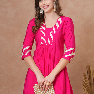 Solid Ethnic Leheriya & Printed A-Line Co-ord Set - Pink
