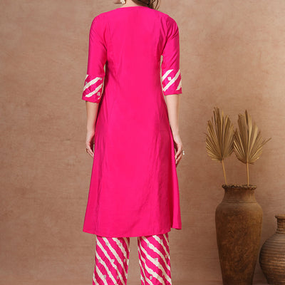 Solid Ethnic Leheriya & Printed A-Line Co-ord Set - Pink
