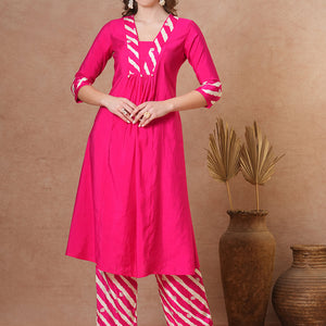 Solid Ethnic Leheriya & Printed A-Line Co-ord Set - Pink