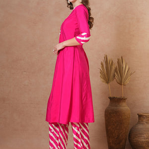 Solid Ethnic Leheriya & Printed A-Line Co-ord Set - Pink
