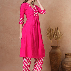 Solid Ethnic Leheriya & Printed A-Line Co-ord Set - Pink