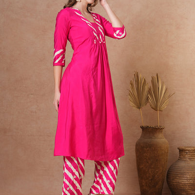 Solid Ethnic Leheriya & Printed A-Line Co-ord Set - Pink