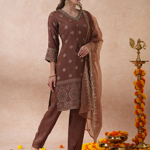 Ethnic Hand Embroidered Jacquard Straight Kurta with Pant & Dupatta - Brown