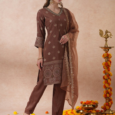 Ethnic Hand Embroidered Jacquard Straight Kurta with Pant & Dupatta - Brown