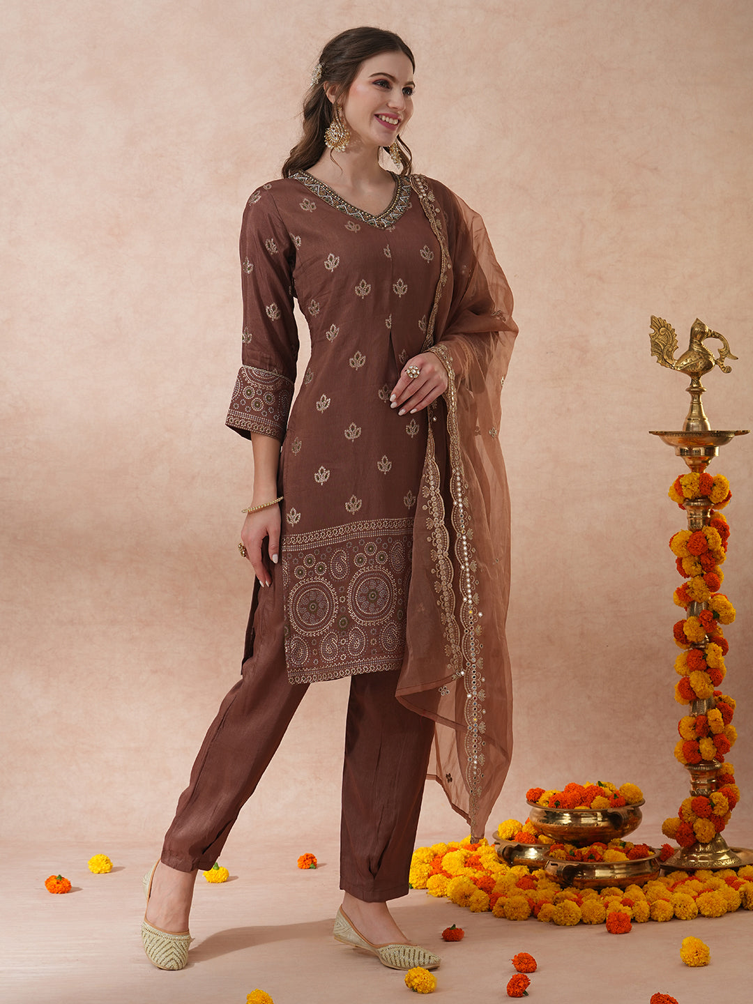 Ethnic Hand Embroidered Jacquard Straight Kurta with Pant & Dupatta - Brown