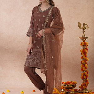 Ethnic Hand Embroidered Jacquard Straight Kurta with Pant & Dupatta - Brown