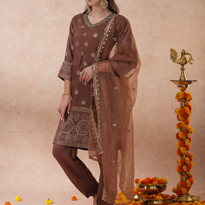 Ethnic Hand Embroidered Jacquard Straight Kurta with Pant & Dupatta - Brown
