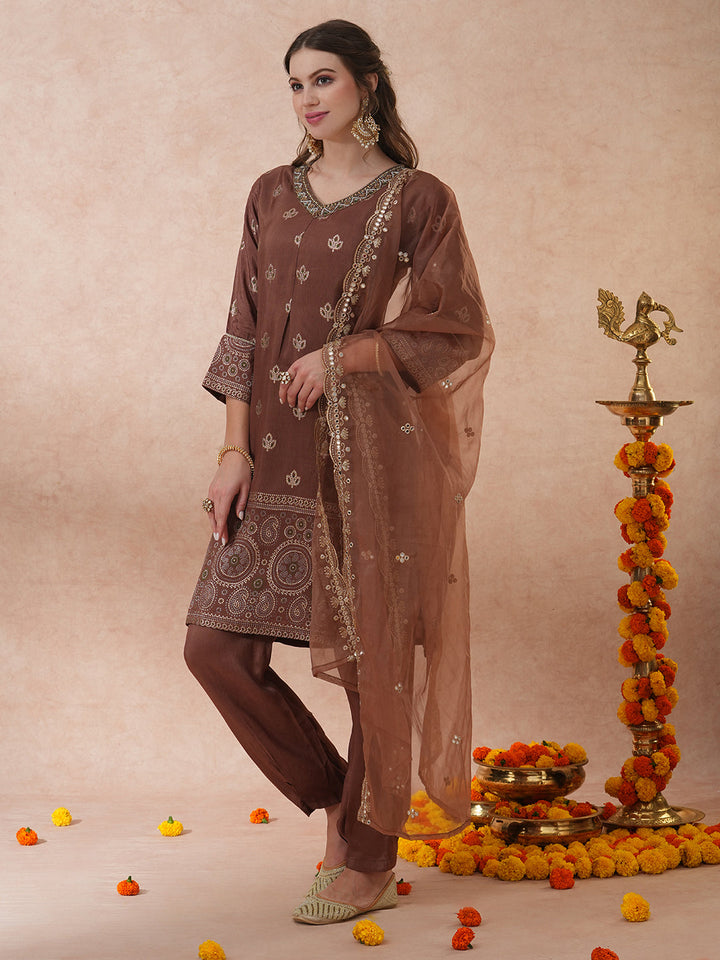 Ethnic Hand Embroidered Jacquard Straight Kurta with Pant & Dupatta - Brown