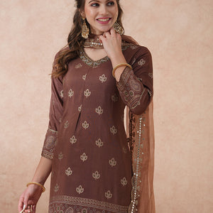 Ethnic Hand Embroidered Jacquard Straight Kurta with Pant & Dupatta - Brown